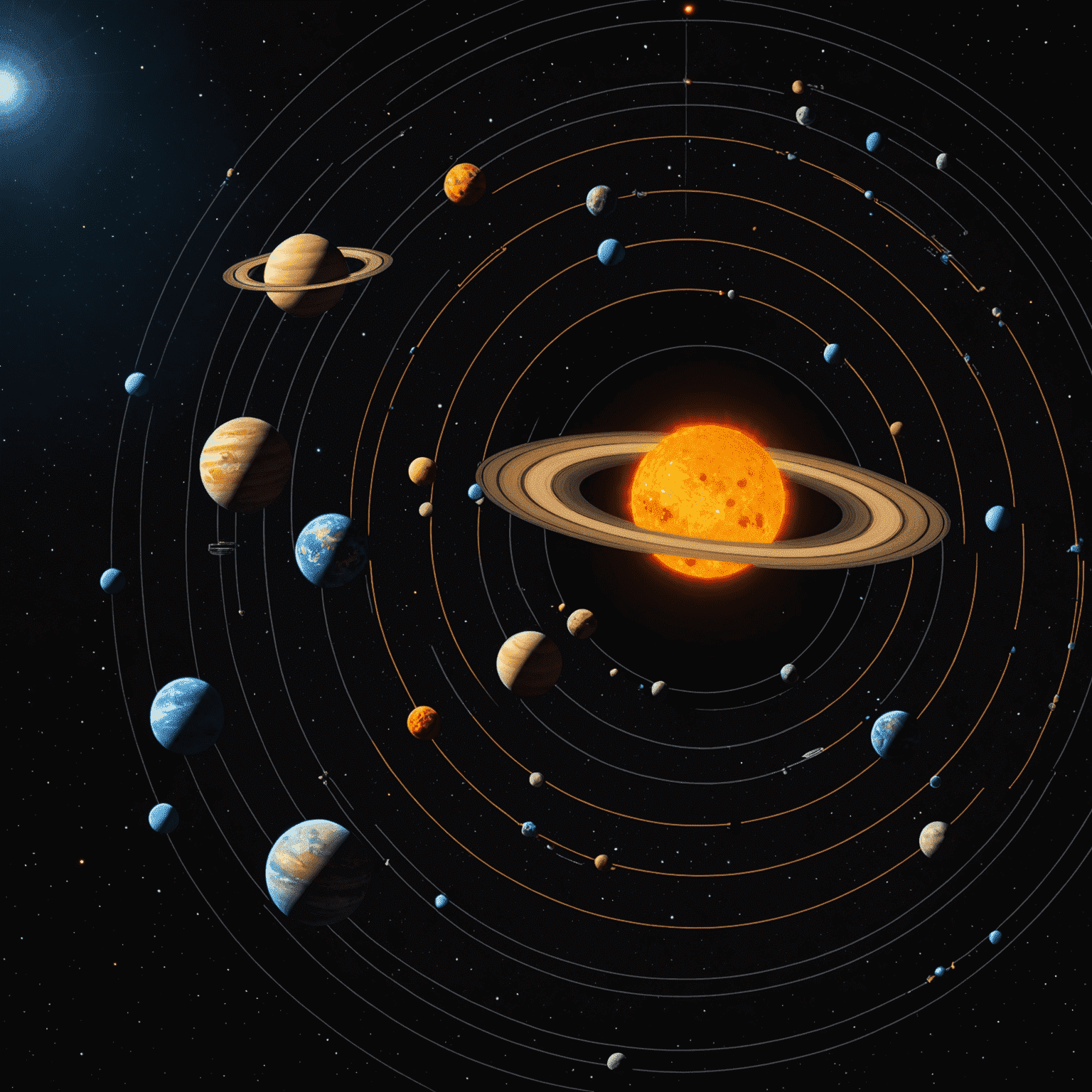 Vizualizace planetárních tranzitů s barevnými orbitami planet kolem Slunce na tmavém pozadí vesmíru