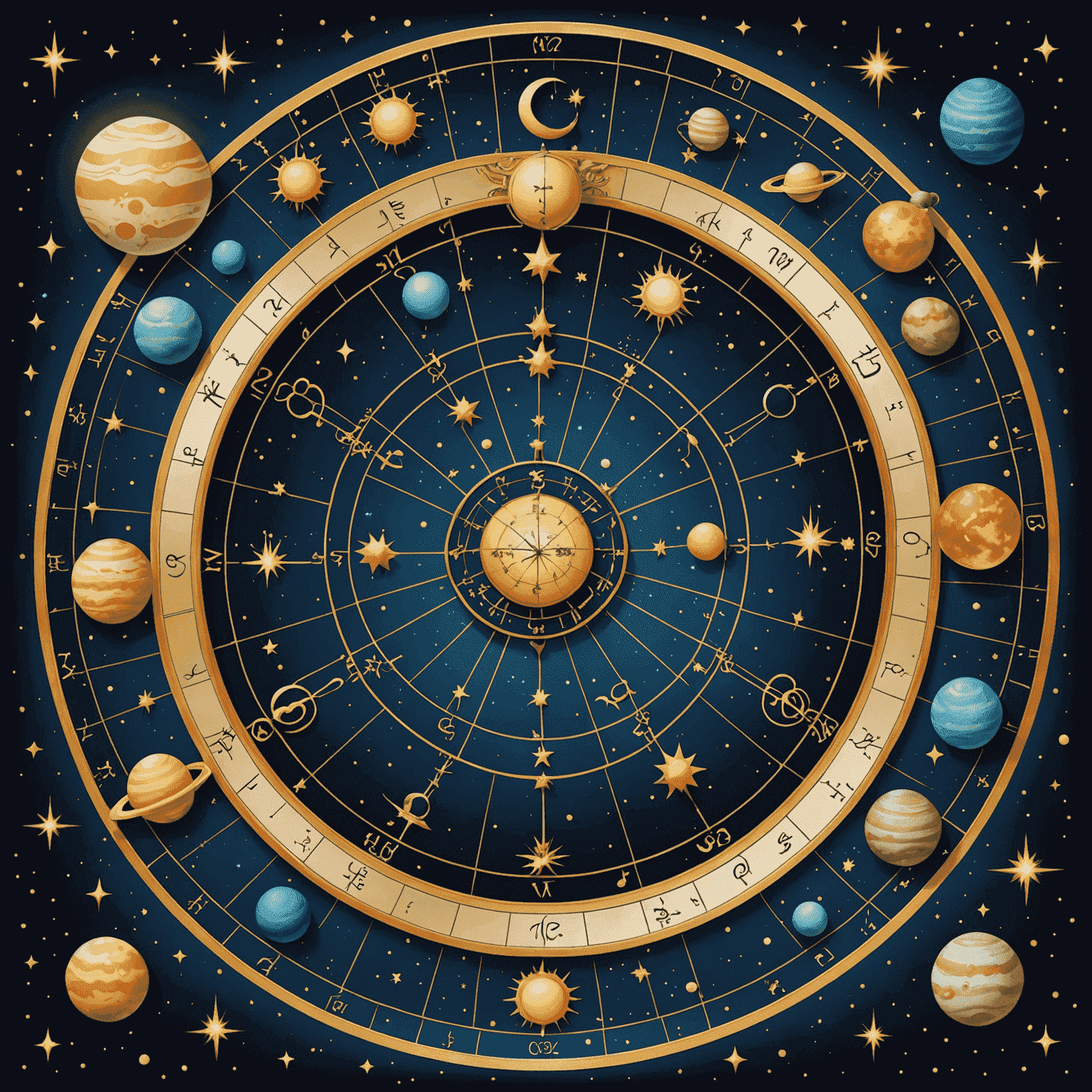 Ilustrace zobrazující astrologickou mapu s planetami, znameními zvěrokruhu a mystickými symboly na pozadí hvězdné oblohy