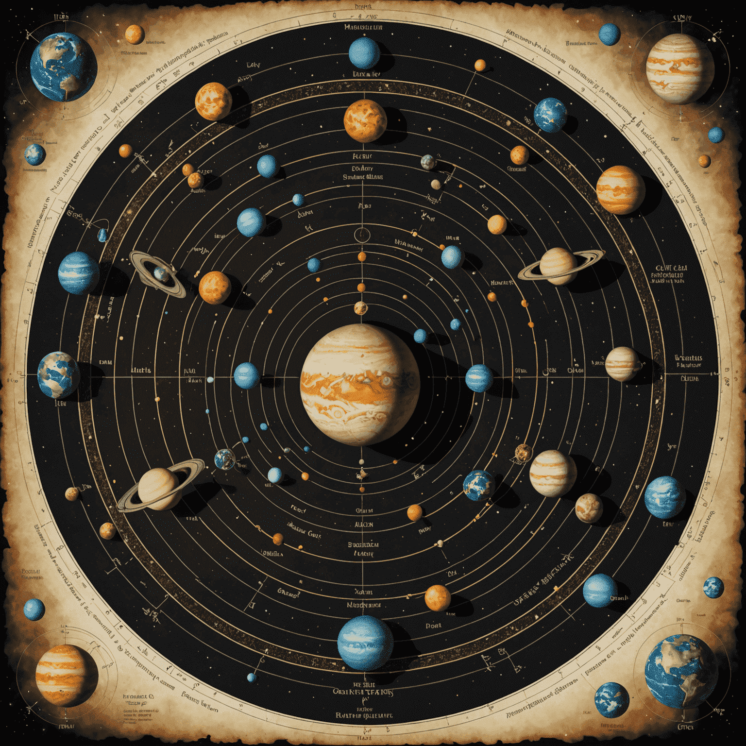 Schéma planetárních drah a jejich vzájemných aspektů s mystickými symboly