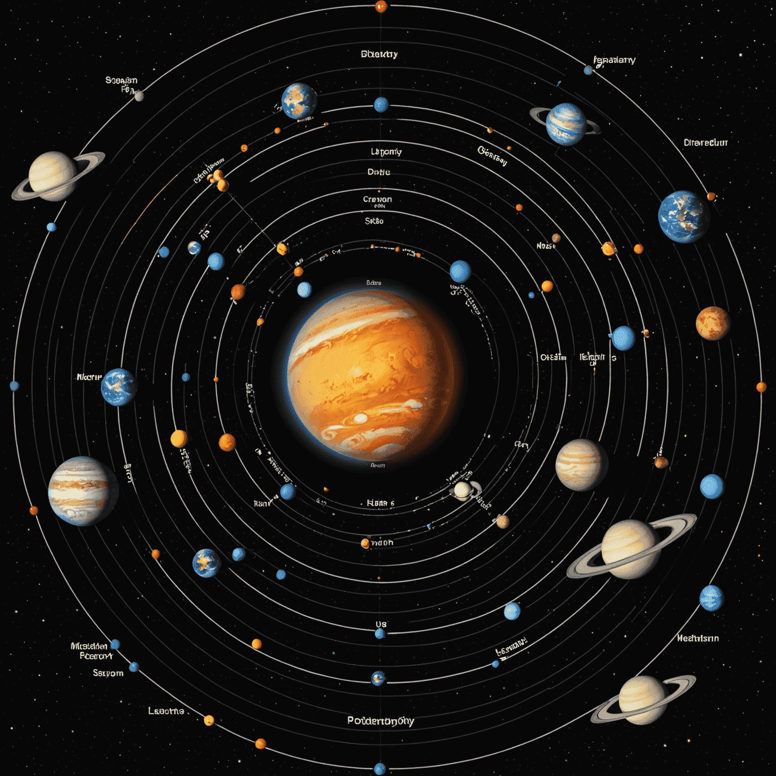 Schéma planetárních drah a jejich vzájemných pozic v solárním systému