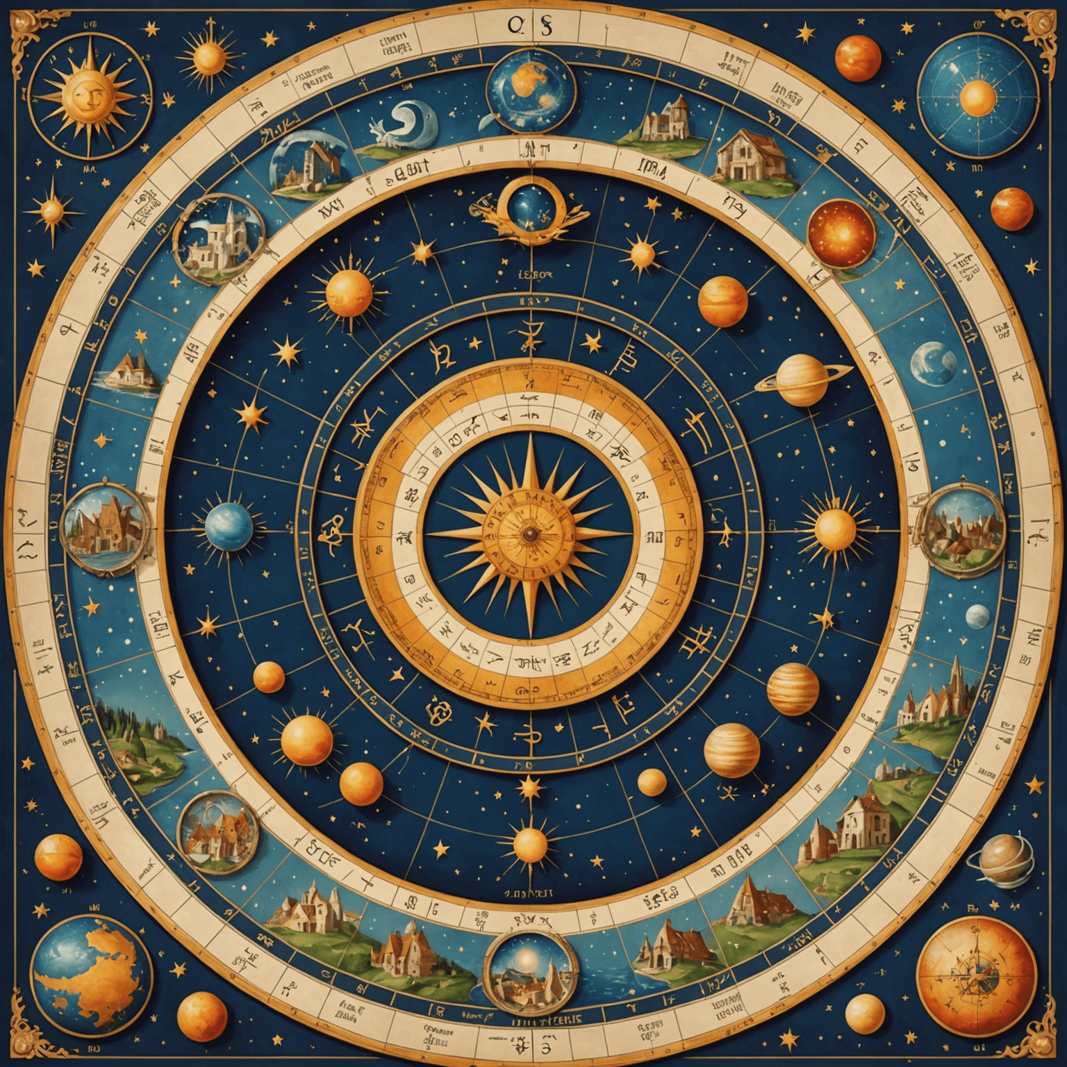 Detailní astrologická mapa s různými aspekty a domy